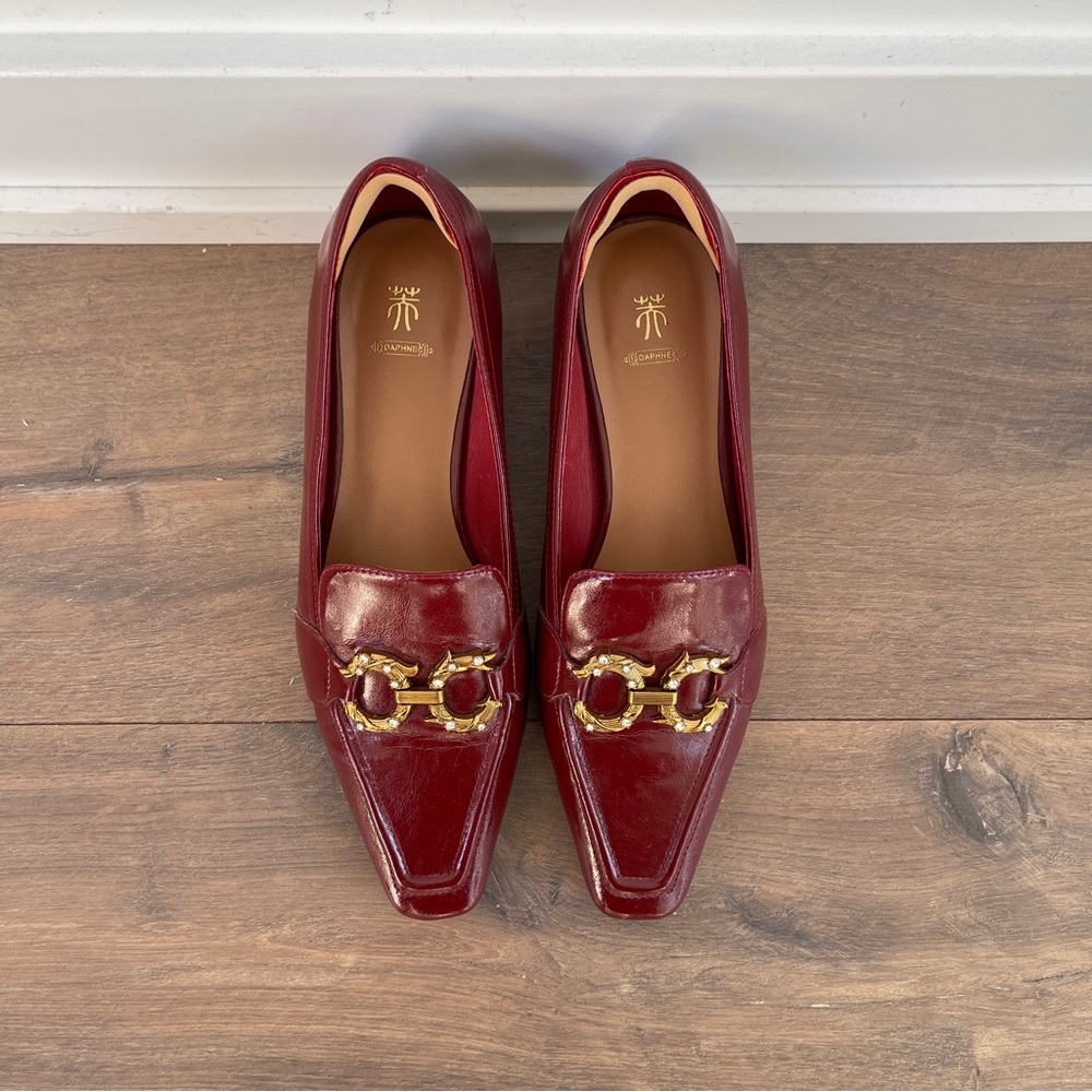 Burgundy Red Loafers with Gold Accents
